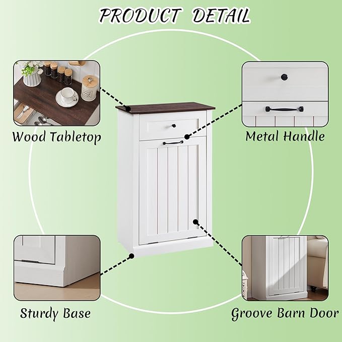 Tilt Out Laundry Hamper Cabinet, 10 Gallon Farmhouse Trash Can Cabinet with Drawer, Hidden Wood Garbage Can Bin Cabinet with Laundry Storage Basket for Bathroom, Kitchen, Antique White