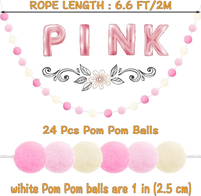 Jishi 3-Pack Pom Pom Garland Pink Felt Ball Ornament Garland Christmas Decorations, Cute Pompom Strings for Christmas Tree Decor, Xmas Holiday Party, Birthday Banner - 6.6 Feet Long, 24 Balls 25mm