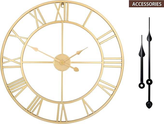 LEIKE Large Modern Wall Clocks,24" Gold Metal,Rustic,Round,Silent Non Ticking,Battery Operated Roman Numerals Clock for Living Room/Bedroom/Kitchen Wall Decor-(Gold, 60cm)