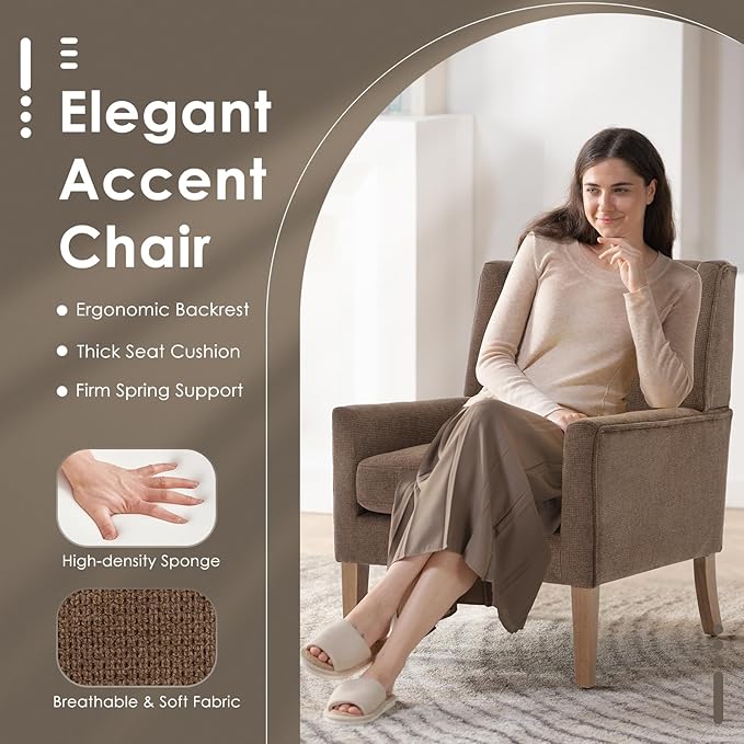 COLAMY Modern Wingback Living Room Chair, Upholstered Fabric Accent Armchair, Single Sofa Chair with Lounge Seat and Wood Legs for Bedroom/Office/Reading Spaces, Brown
