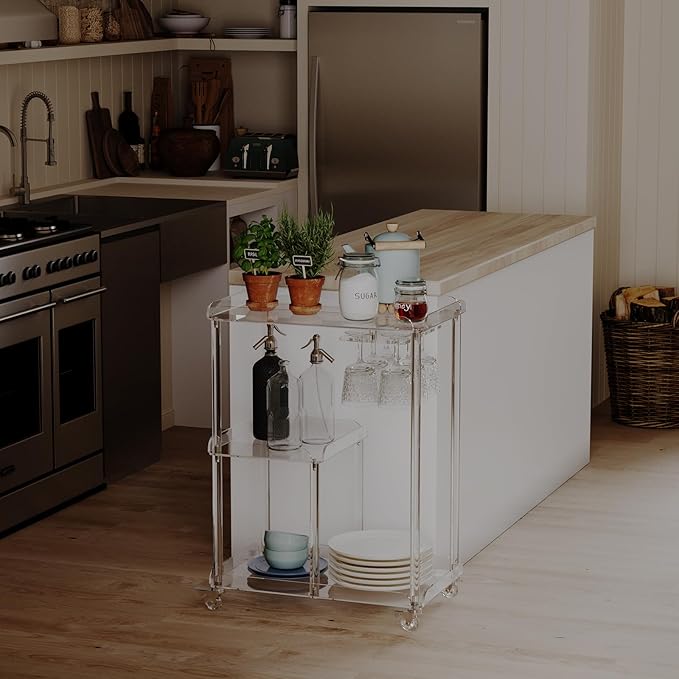 HMYHUM Acrylic Bar Cart with 4 Lockable Wheels, 3 Tier Clear Serving Cart with Glass Holder, Rolling Beverage Cart for Home, Kitchen, Dinning Room, 23.6''D x 15''W x 32.3''H