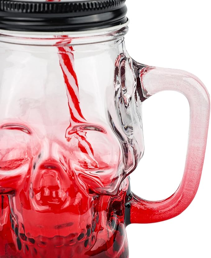 Halloween Cups Set of 4 - Skull Mason Jar with Lids Straws and Handle - Colorful Drinking Glasses for Halloween Party Bar Decor, 16 oz