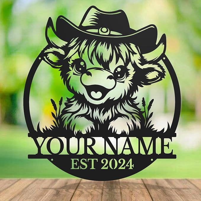 Personalized Highland Cow Name metal Signs,Custom Highland Cow Metal Shed Wall Decor,Black Metal Wall Art Plaques Outdoor wall Decorative Signage (Style A)