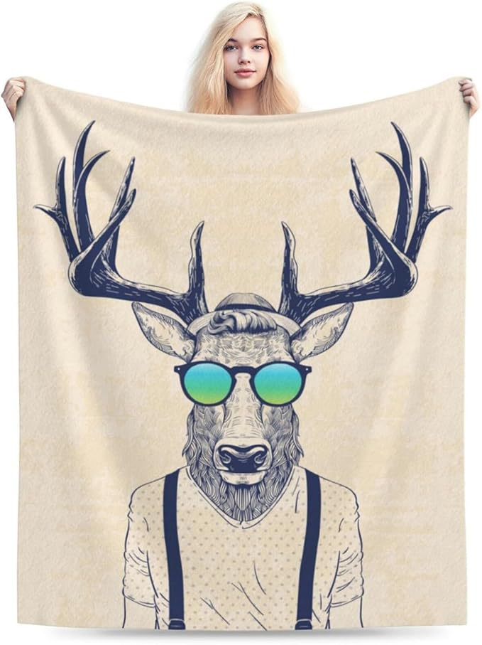 HGOD DESIGNS Deer Throw Blanket Deer Dressed up Like Cool Hipster Blanket Super Soft Flannel Throw Blanket Lightweight Plush Fuzzy Bed Blanket for Bedding Sofa and Travel 50"X60"