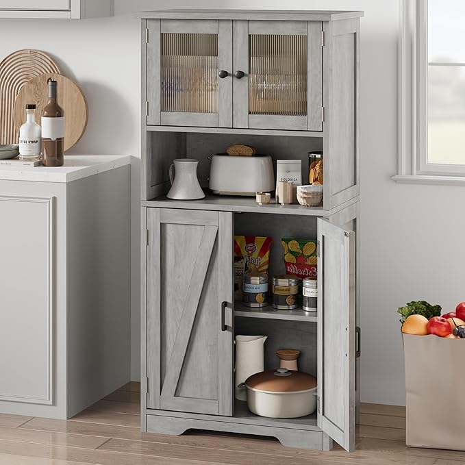 GarveeHome 54in Tall Bathroom Cabinet, Farmhouse Storage Cabinet with Glass Doors and Adjustable Shelves, Freestanding Kitchen Pantry Cabinets, Cupboard for Living Room, Dining Room, Gray