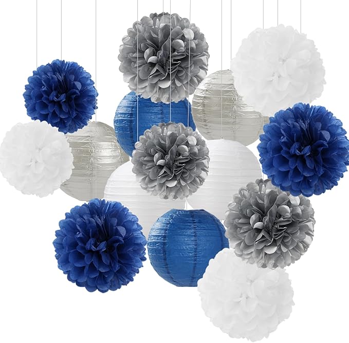 Navy-Blue Silver Party-Decorations Paper-Flowers Lanterns - 15PCS Birthday Royal White Wedding Tissue Pom Poms Streamers,Baby Bridal Shower Bachelorette Graduation Hanging Supplies Decor Hugfond
