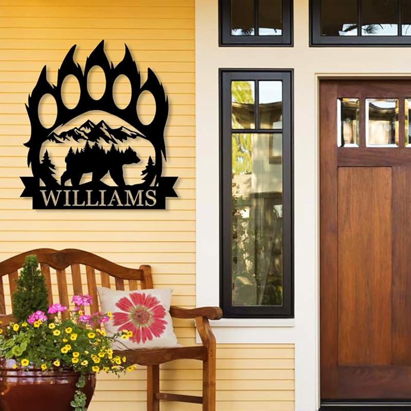 Personalized Bear Paw Metal Wall Decor, Rustic Forest Bear Wilderness Sign, Forest for Living Room Indoor Decor, Rustic Cabin Hunting Bear Paw Signs