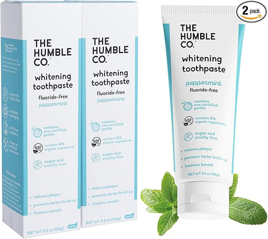 The Humble Co. Natural Whitening Toothpaste - Peppermint, Fluoride Free, Fresh Breath, Plaque Removal, Vegan & Cruelty Free, Non-Toxic SLS Free (5.5 oz, 2pk)