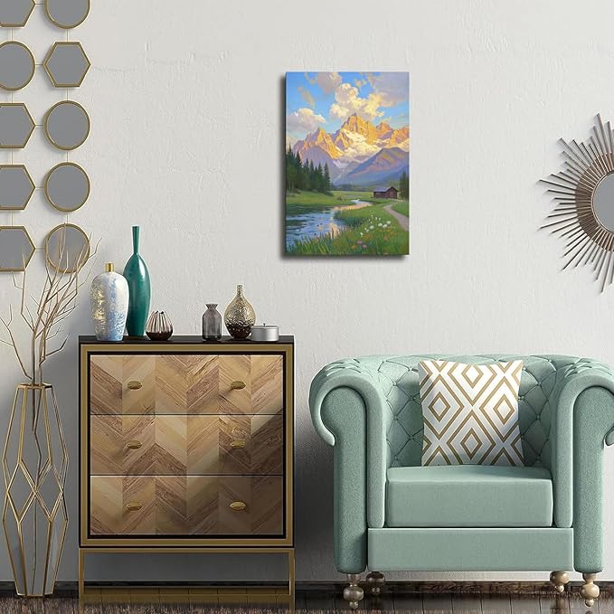 The mountain stream and lawn scenery under the sun is suitable for posting in the living room bedroom office landscape poster wall painting