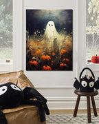 Halloween Canvas Wall Art, Spooky Ghost in Pumpkin Patch Poster, Vintage Gothic Fall Decor, Dark Academia Fall Decor for Living Room, Framed Indoor Halloween Decorations