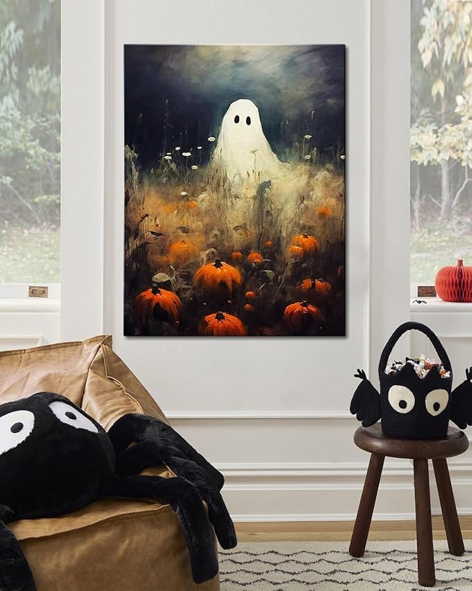 Halloween Canvas Wall Art, Spooky Ghost in Pumpkin Patch Poster, Vintage Gothic Fall Decor, Dark Academia Fall Decor for Living Room, Framed Indoor Halloween Decorations