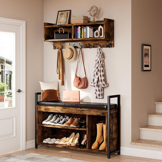 YITAHOME Hall Tree with Bench for Entryway, Wall Mount Coat Rack Shoe Bench Set, Industrial Entrance Organizer with Storage for Hallway, Rustic Brown