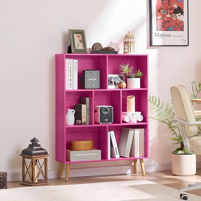 LEYAOYAO 7 Cube Bookshelf,3 Tier Book Shelf with Legs,Pink Modern Bookshelf,Large Freestanding Open Toy Modern Bookshelves,Display Bookcases Decor Furniture for Nursery