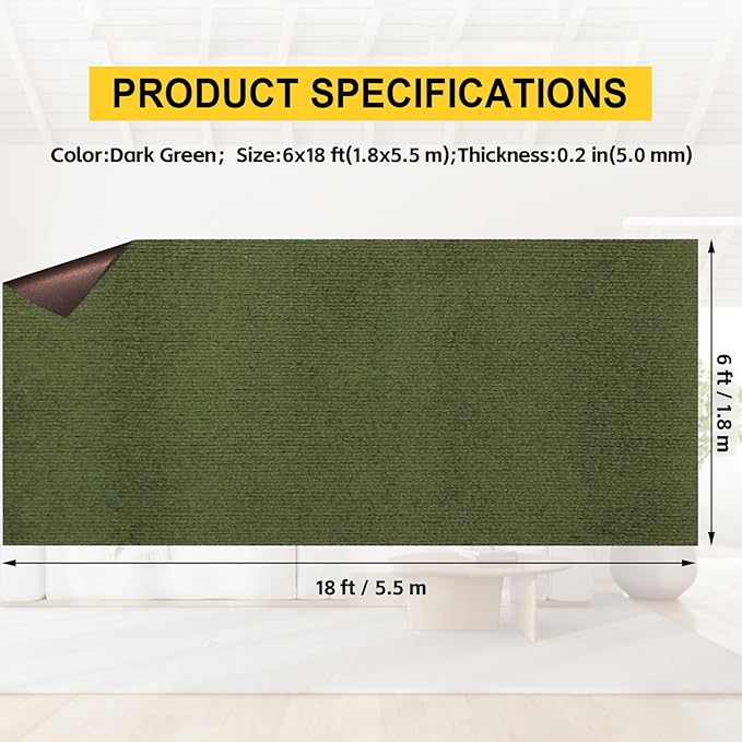 Marine Carpet,6 FT x 18 FT Olive Green Indoor Outdoor Carpet 0.2" Thick with Water-Proof TPE Backing, Non-Slide for Home, Patio, Porch, Deck