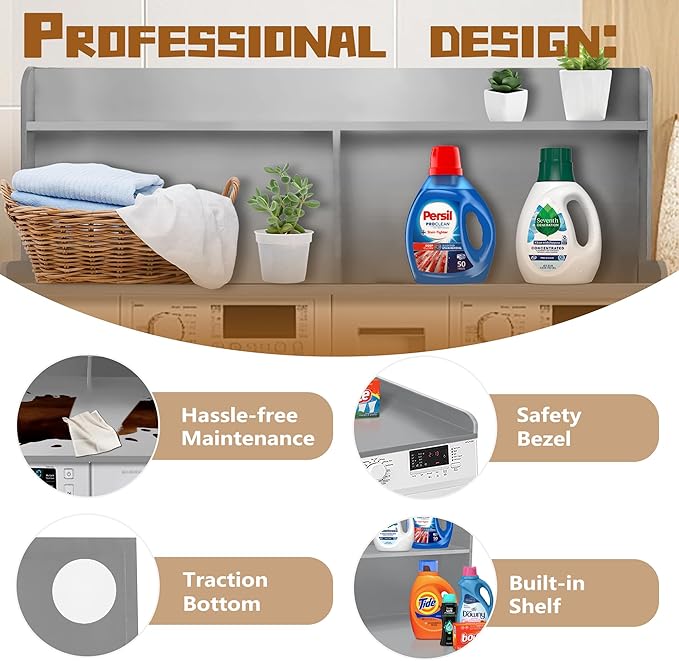 Royxen 2-Tier Washer Dryer Countertop,19.5"H Wood Washer and Dryer Topper with Storage Shelf,Laundry Countertop Over Washer Machine, Universal Fit for Laundry Room Organization (Grey,54"W X 27.5"D)