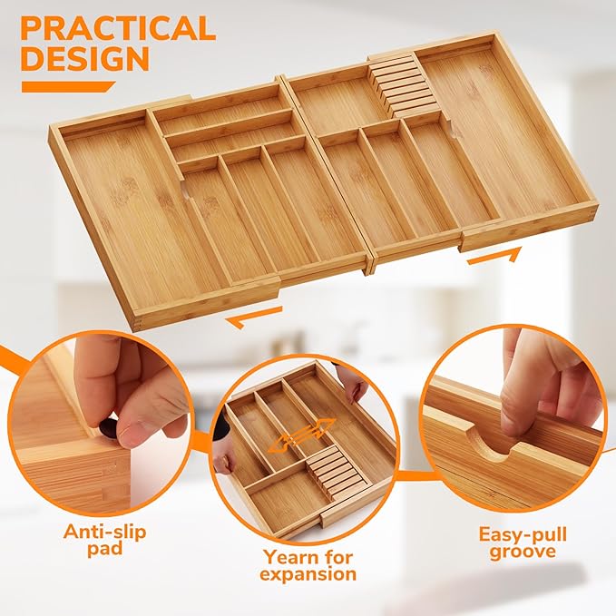 BAMEOS Expandable Silverware Drawer Organizer with Removable Knife Blocks, Bamboo Kitchen Utensil Holder from 21" to 36", Large Cutlery Tray with Divider for Forks, Spoons, Knives