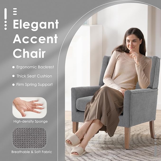 COLAMY Modern Wingback Living Room Chair, Upholstered Fabric Accent Armchair, Single Sofa Chair with Lounge Seat and Wood Legs for Bedroom/Office/Reading Spaces, Gery