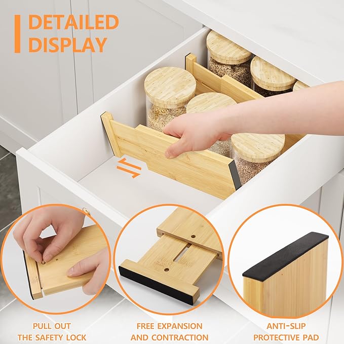 BAMEOS 4" High Bamboo Drawer Dividers - Adjustable Small Drawer Organizer - Kitchen, Dresser, Bathroom, Bedroom & Office - 4-pack