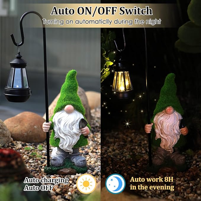 Flocked Solar Garden Gnomes Outdoor Statues 15.8”Outdoor Garden Decor LED Outdoor Decor Light Unique Housewarming Gifts Yard Art Sculptures for Patio Lawn Ornaments