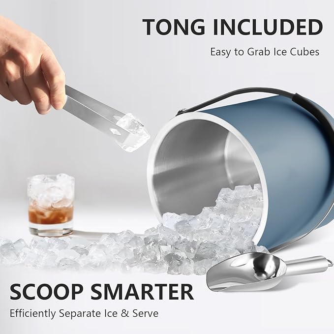 3L Ice Bucket with Silicone Lid, Scoop, Tongs & Strainer, Stainless Steel Double Wall Insulated Ice Buckets for Parties & Cocktail Bar, Outdoor Champagne Ice Container Bin, Navy