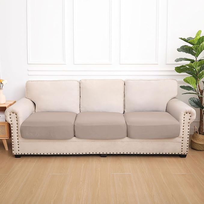 hyha Waterproof Couch Cushion Covers, Stretch Sofa Couch Seat Slipcover for Dog Washable, Non-Slip Waterproof Outdoor Cushion Covers for Patio Furniture Replacement (3 Pieces, Taupe)