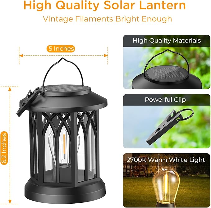 WdtPro Solar Lanterns Outdoor Hanging 4 Pack, Upgraded Bright Waterproof Lantern for Outside, Over 12Hrs Powered Lights for Garden, Yard, Patio Decor (Warm Light)