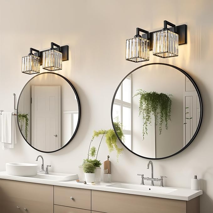 Modern Bathroom Vanity Light 2-Lights Black Crystal Bathroom Wall Light Vanity Light Fixtures