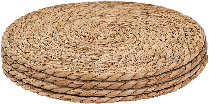 Defined Deco Woven Placemats Set of 4,12" Round Rattan Placemats,Natural Hand-Woven Water Hyacinth Placemats,Farmhouse Weave Place Mats,Rustic Braided Wicker Table Mats for Dining Table,Home,Wedding.