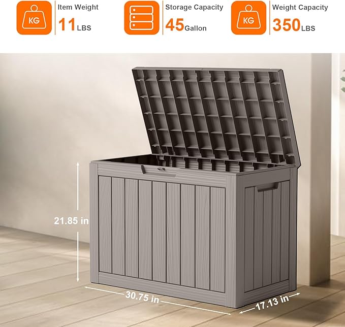 45 Gallon Resin Deck Box, Lockable Patio Outdoor Storage Box for Furniture, Garden Tools and Tools Storage, Waterproof Outside Storage Boxes - Grey