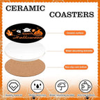 4Pcs Halloween Coasters Orange Black Round Ceramic Coaster Trick or Treat Heat-Resistant Cup Mats for Wooden Table Protection Home Party Supplies