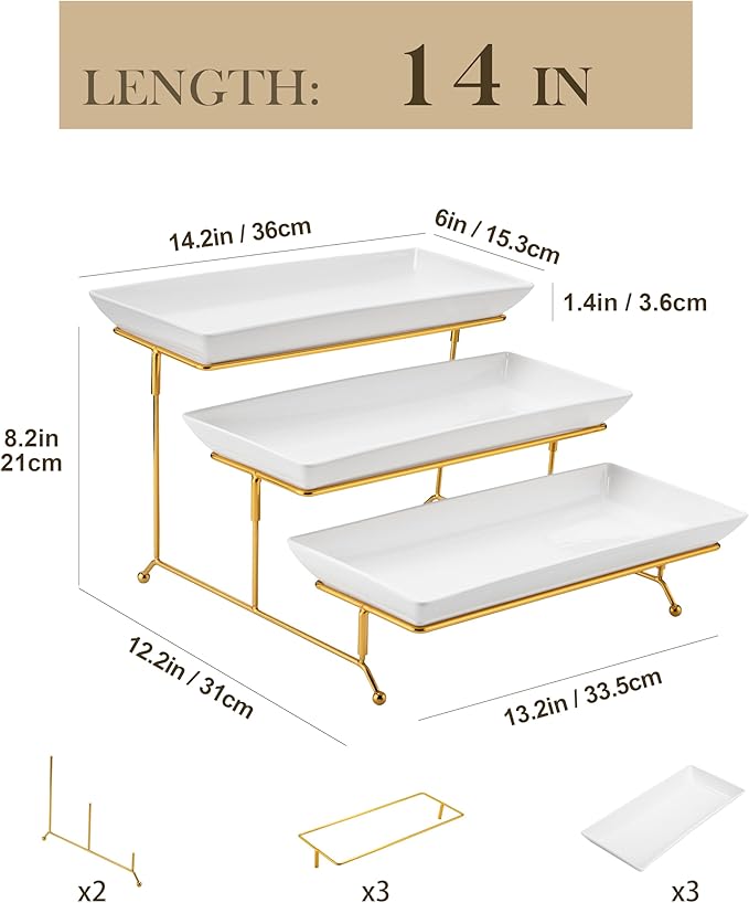 MALACASA 3 Tier Serving Trays for Party, 14 Inch Porcelain White Trays for Serving Food, Dessert Stand with Collapsible Gold Metal Rack