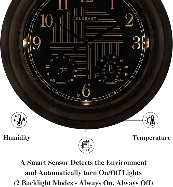 CLXEAST 24 Inch Self-Illuminated in/Outdoor Atomic Wall Clock with Temperature and Humidity, Oversized Large 24 Inch Wall Clocks for Living Room Decor, Brushed Grey Oak Wooden Finish