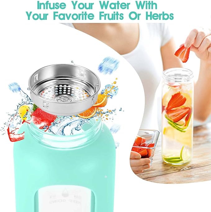 32 oz Glass Water Bottle with Straw - Motivational Time Marker & Silicone Sleeve - Reusable Tumbler Includes 2 Bamboo Lids & Fruit Infuser - 1 Pack
