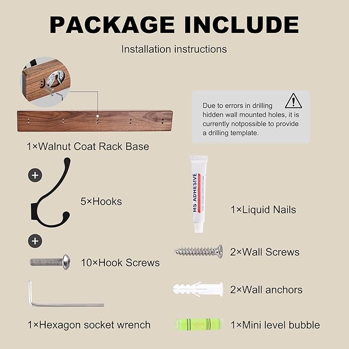 2 Pack 17.3" Small Wooden Coat Rack Wall Mounted with 5 Hooks, Entryway Wall Hooks Coat Hanger for Hanging Towel Clothes Hat Backpack Shoe Purse Key Holder Multi Hook Rail by Black Walnut Wood