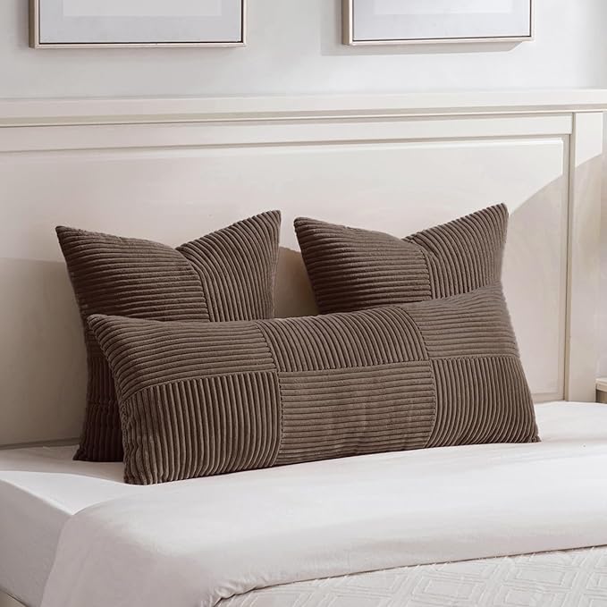 Fancy Homi 2 Packs Dark Brown Euro Decorative Throw Pillow Covers 28x28 Inch for Couch Bed, Rustic Farmhouse Boho Home Decor, Soft Corss Corduroy Patchwork Textured Square Cushion Case 71x71 cm