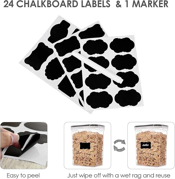 Airtight Food Storage Containers with Lids, Vtopmart 24 pcs Plastic Kitchen and Pantry Organization Canisters for Cereal, Dry Food, Flour and Sugar, BPA Free, Includes 24 Labels，Black