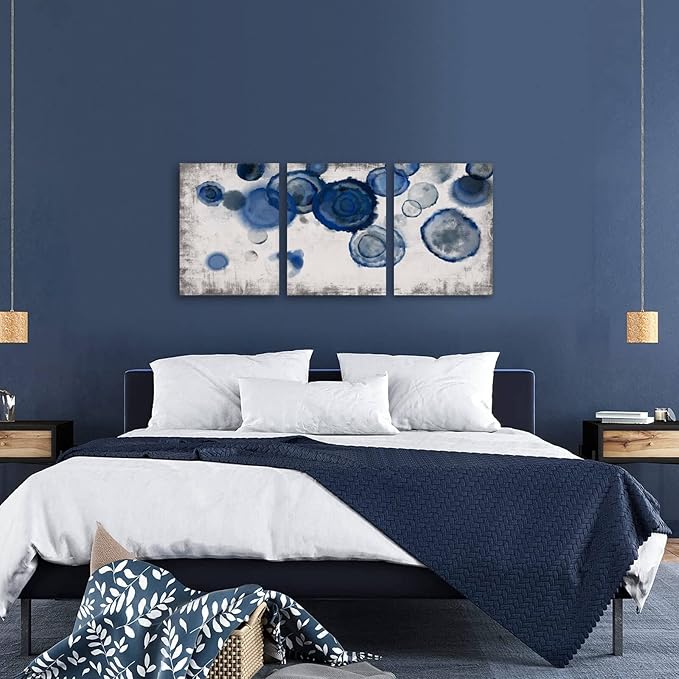 YJYart Abstract Watercolor Wall Painting Pictures for Bathroom Wall Decor Navy Blue Canvas Prints Blue and White Wall Art for Bedroom Kitchen Office 12"x16"x3p