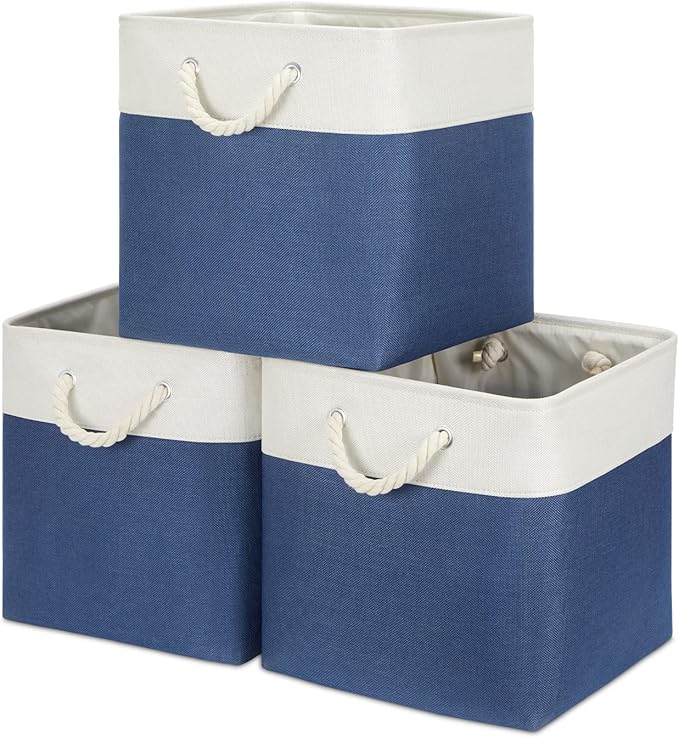 Bidtakay Storage Baskets Large Cube Storage Bins Fabric Baskets for Organizing Shelves 13x13 Navy Blue Square Storage Bins Large Set of 3 Linen Closet Organizers for Cabinet Home