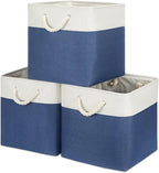 Bidtakay Storage Baskets Large Cube Storage Bins Fabric Baskets for Organizing Shelves 13x13 Navy Blue Square Storage Bins Large Set of 3 Linen Closet Organizers for Cabinet Home