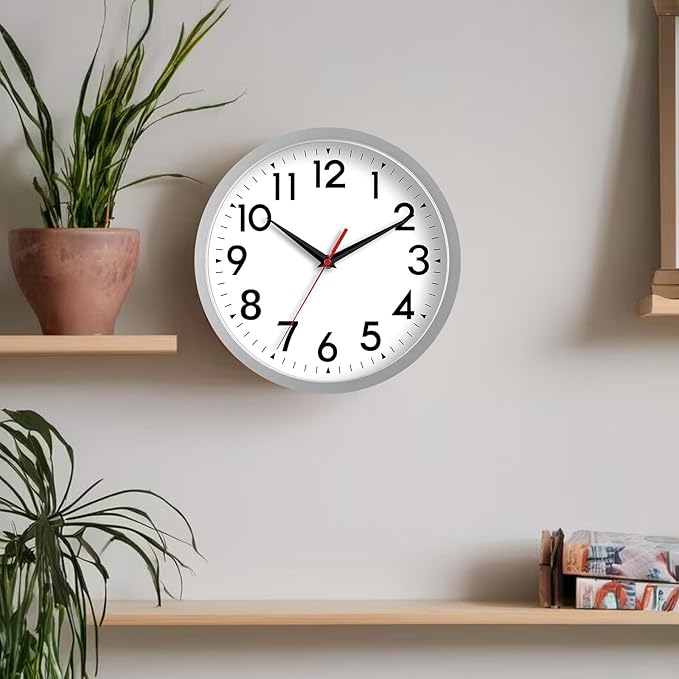 Wall Clock Small Analog 8 Inch Silent Non Ticking Battery Operated Modern Simple Decorative for Kitchen Office Bedroom Bathroom Living Room(Silver)