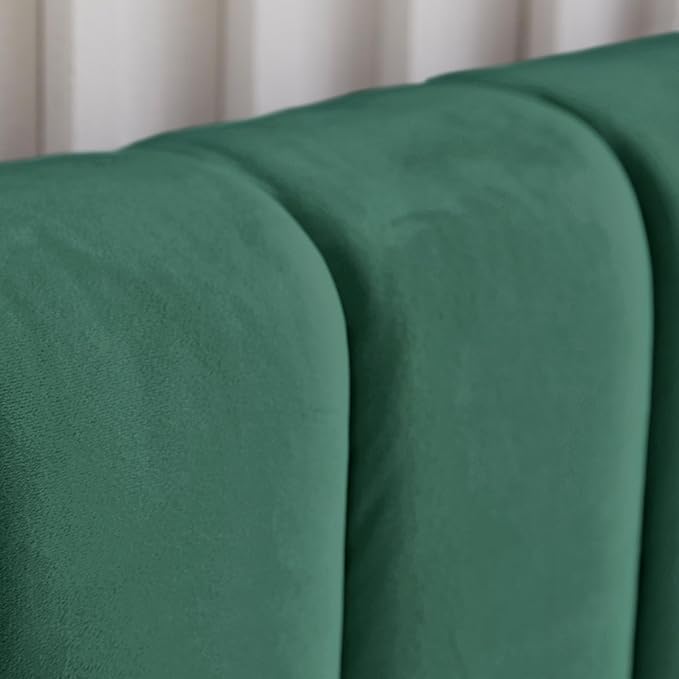 Livinia Queen Size Elton Velvet Platform Bed, Upholstered Bed Frame with Vertical Channel Tufted Headboard Footboard, Strong Wood Slats, No Box Spring Needed, Green (Queen)
