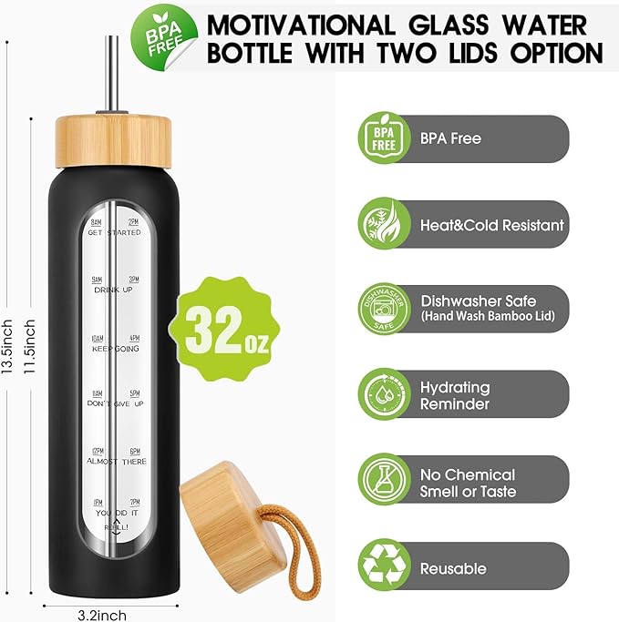 32 oz Glass Water Bottle with Straw - Motivational Time Marker & Silicone Sleeve - Reusable Tumbler Includes 2 Bamboo Lids & Fruit Infuser - 1 Pack