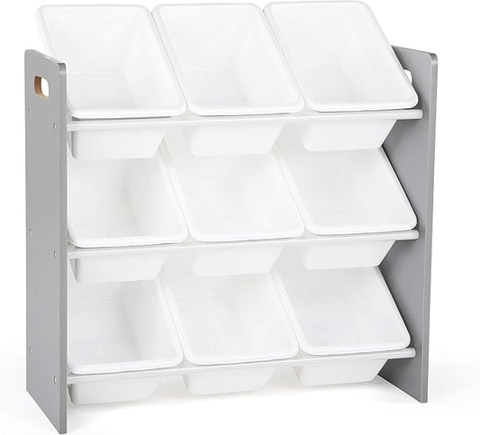 Humble Crew 9-Bin Toy Organizer – Inspire Grey with White Plastic Bins, 3-Tier Storage Solution for Kids' Playrooms and Nurseries