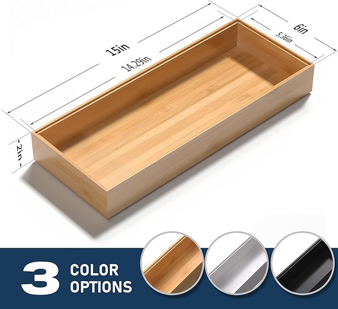 Bamboo Drawer Organizer, Stackable Utensil Organizer for Kitchen, Bamboo Storage Box Wood Silverware Tray for Drawer 15" x 6" x 2" Set of 2