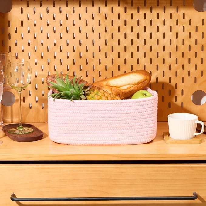 Small Storage Baskets for Organizing | Closet Organizer Bins | Shelf Toy Basket | Woven Rope Baskets | Cube Decorative Box | Shallow Basket | 13x8.5x5.1” | 3 Packs Light Pink