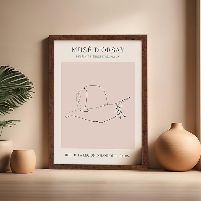 Poster Master Vintage Poster - Retro One Line Snail Drawing Print - Snail Line Art - Minimal Gift for Men, Women, Animal Lover - Abstract Wall Decor for Home, Office, 16x20 Brown Framed