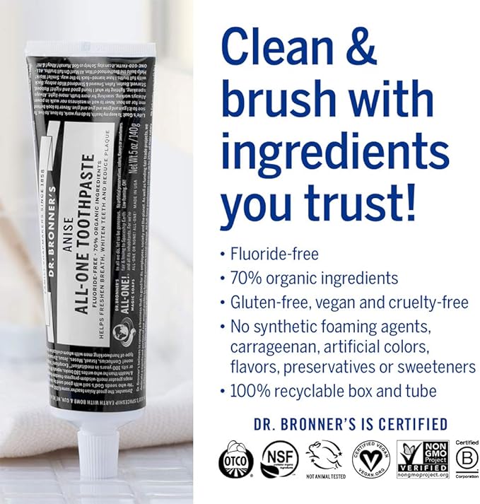 Dr. Bronner’s - All-One Toothpaste (Anise, 5 Ounce, 3-Pack) - 70% Organic Ingredients, Natural and Effective, Fluoride-Free, SLS-Free, Helps Freshen Breath, Reduce Plaque, Whiten Teeth, Vegan