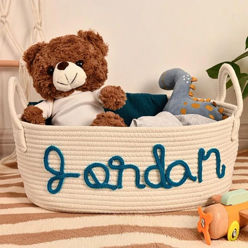 Personalized Baby Name Basket, Custom Woven Baby Shower Gift Basket with Cotton Rope Handle Baby Diaper Nursery Shelf Storage Basket Bin for Kids' Bedroom (Style 3)