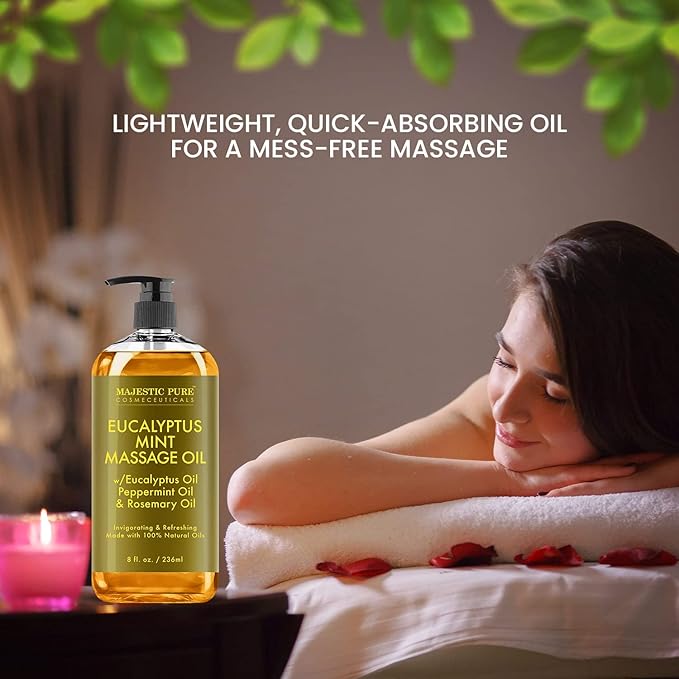MAJESTIC PURE Eucalyptus Mint Massage Oil for Massage Therapy - Refreshing, and Relaxing - Natural Oils with Eucalyptus Essential Oil - for All Skin Types - Men and Women - 8 fl oz