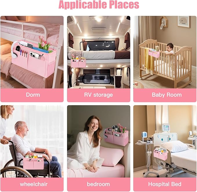 Bedside Caddy Organizer with Fixed Straps, Bunk Bed Caddy ideal for Home, Bunk Bed, Dorm, Hospital, Crib, Versatile Bedside Storage Solution (Pink)